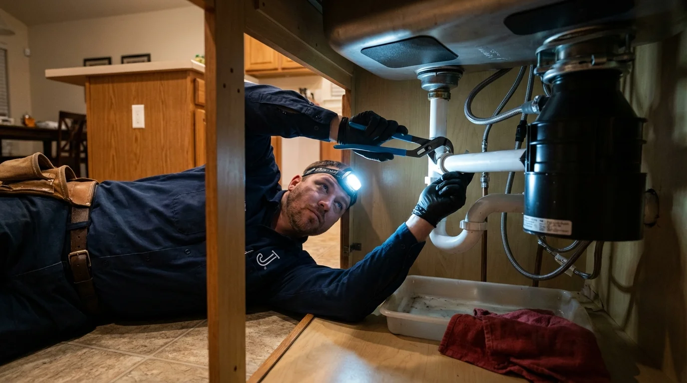P-trap and supply line connections under a kitchen sink showing a common leak point in Canton, NC